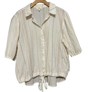 Ava James Women’s Size XL Cream Striped Cotton Blend Tie Hem Button Up Shirt